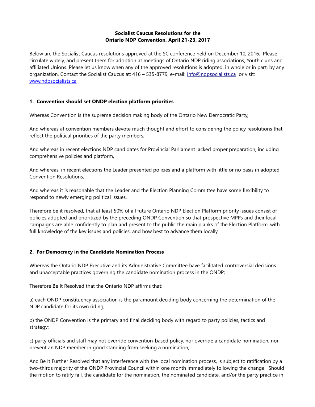 Socialist Caucus Resolutions for The