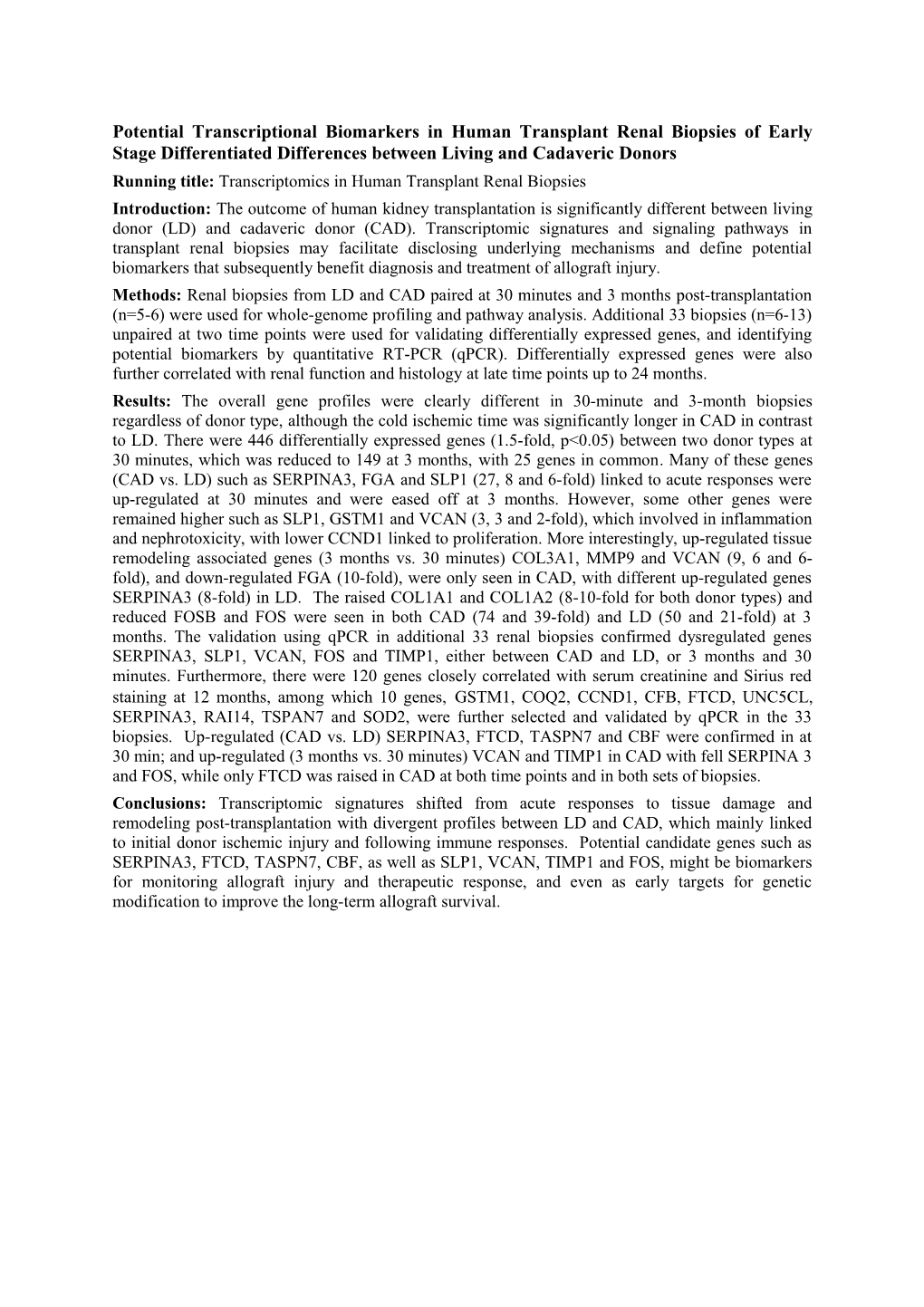 Running Title:Transcriptomics in Human Transplant Renal Biopsies