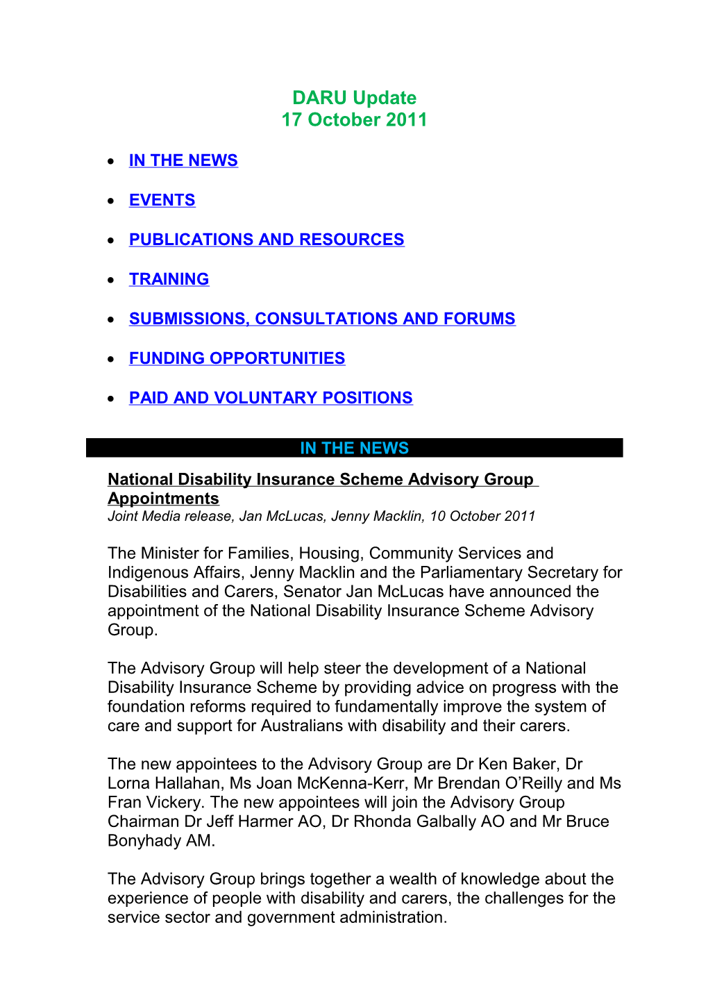 National Disability Insurance Scheme Advisory Group Appointments