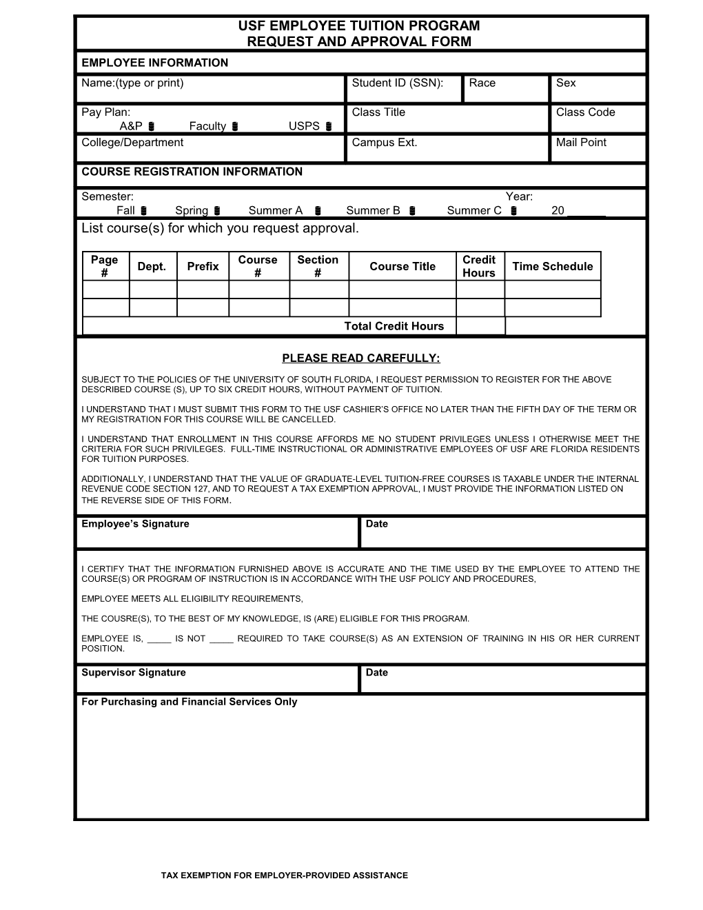 Usf Employee Tuition Program Approval Registration and Payment Form