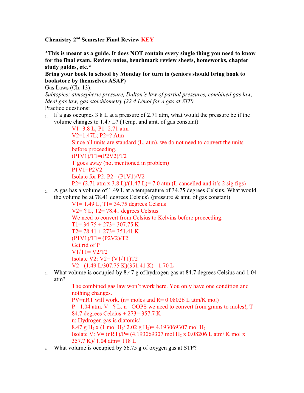 Chemistry 2Nd Semester Final Review