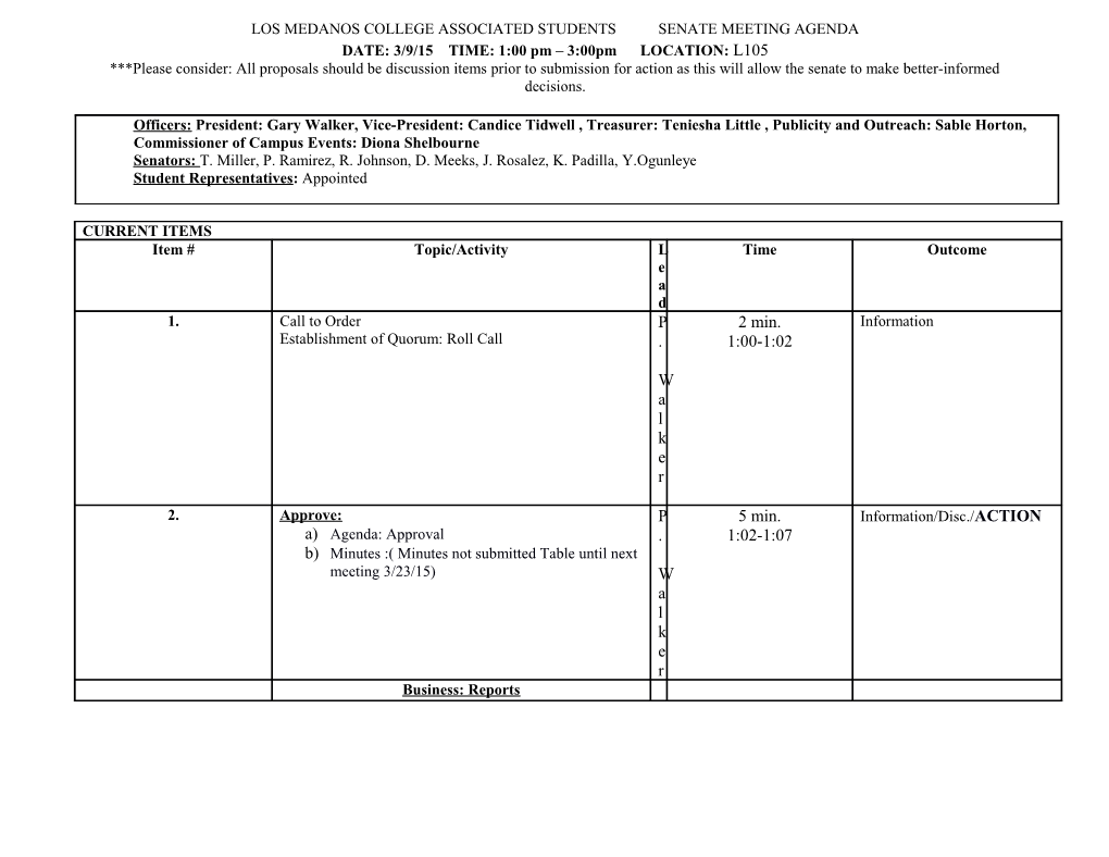 Los Medanos College Associated Students Senate Meeting Agenda