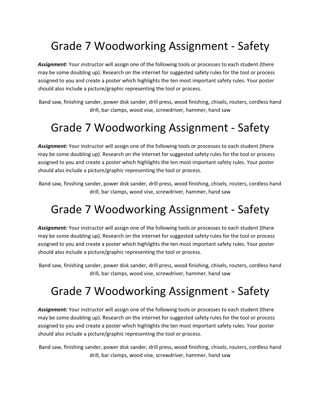 Grade 7 Woodworking Assignment - Safety