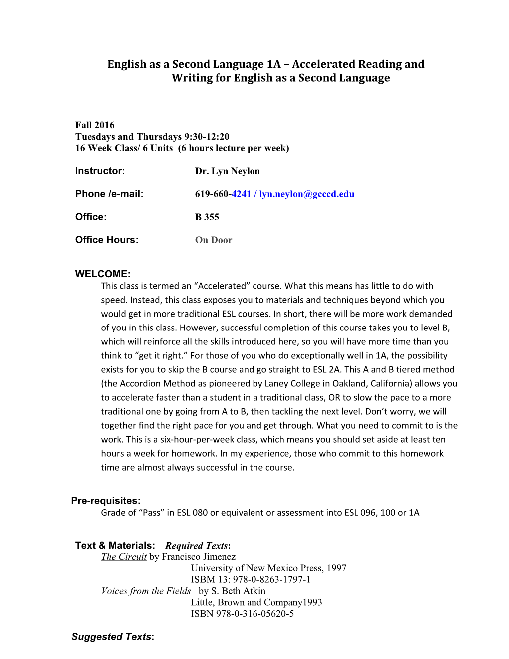 English As a Second Language 1A Accelerated Reading And