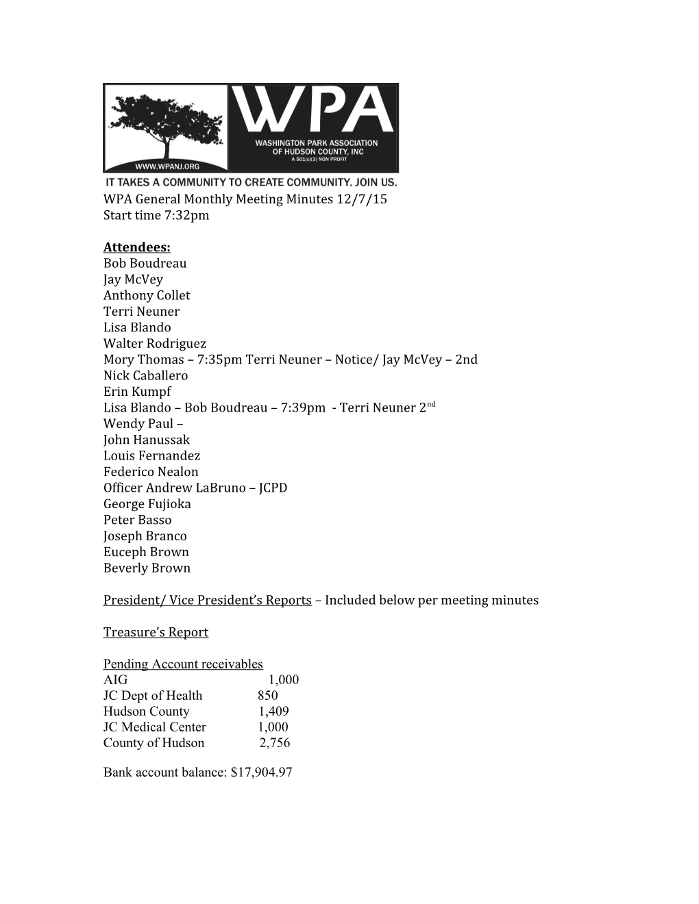 WPA General Monthly Meeting Minutes 12/7/15