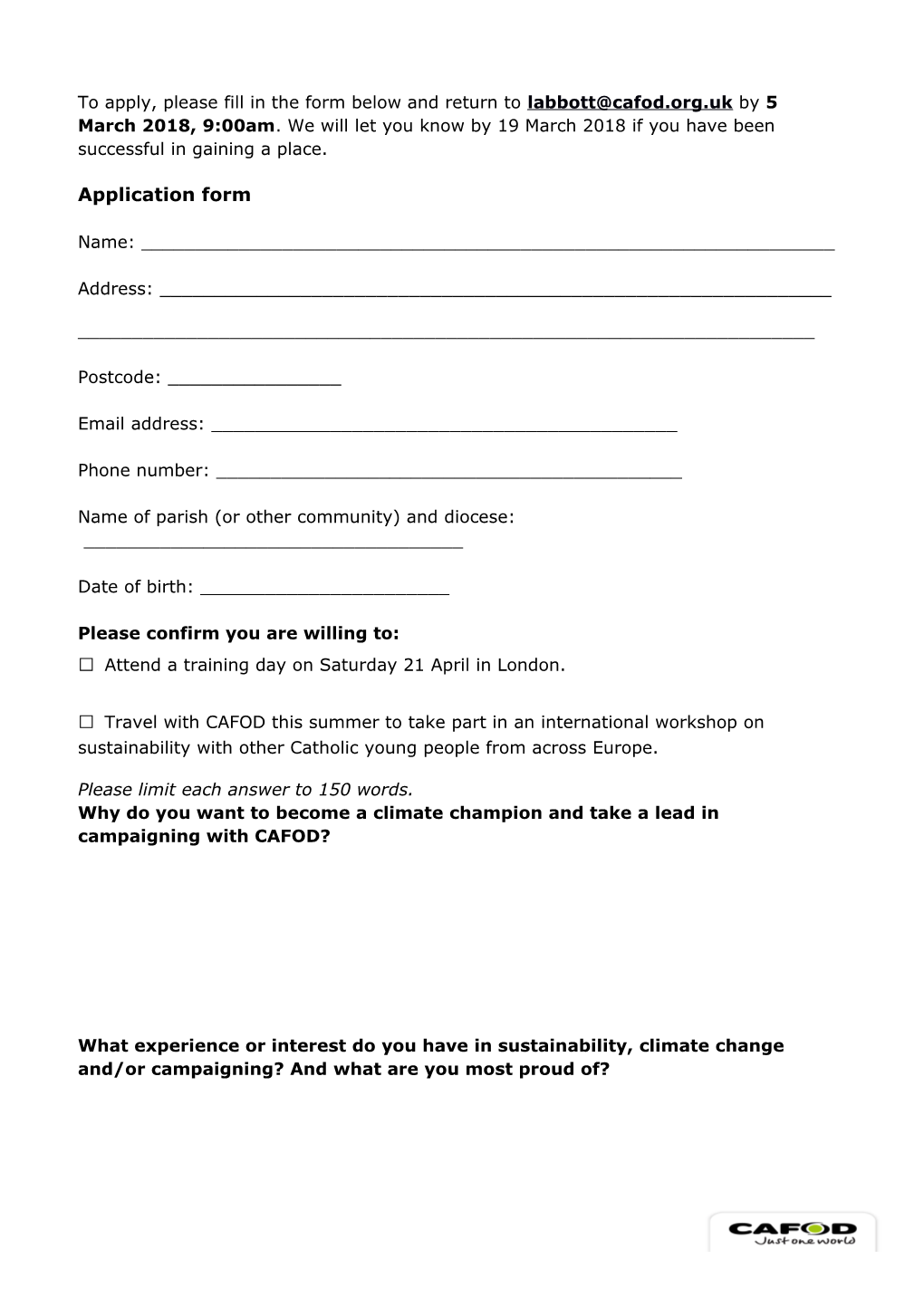 CAFOD Climate Champion Application Form