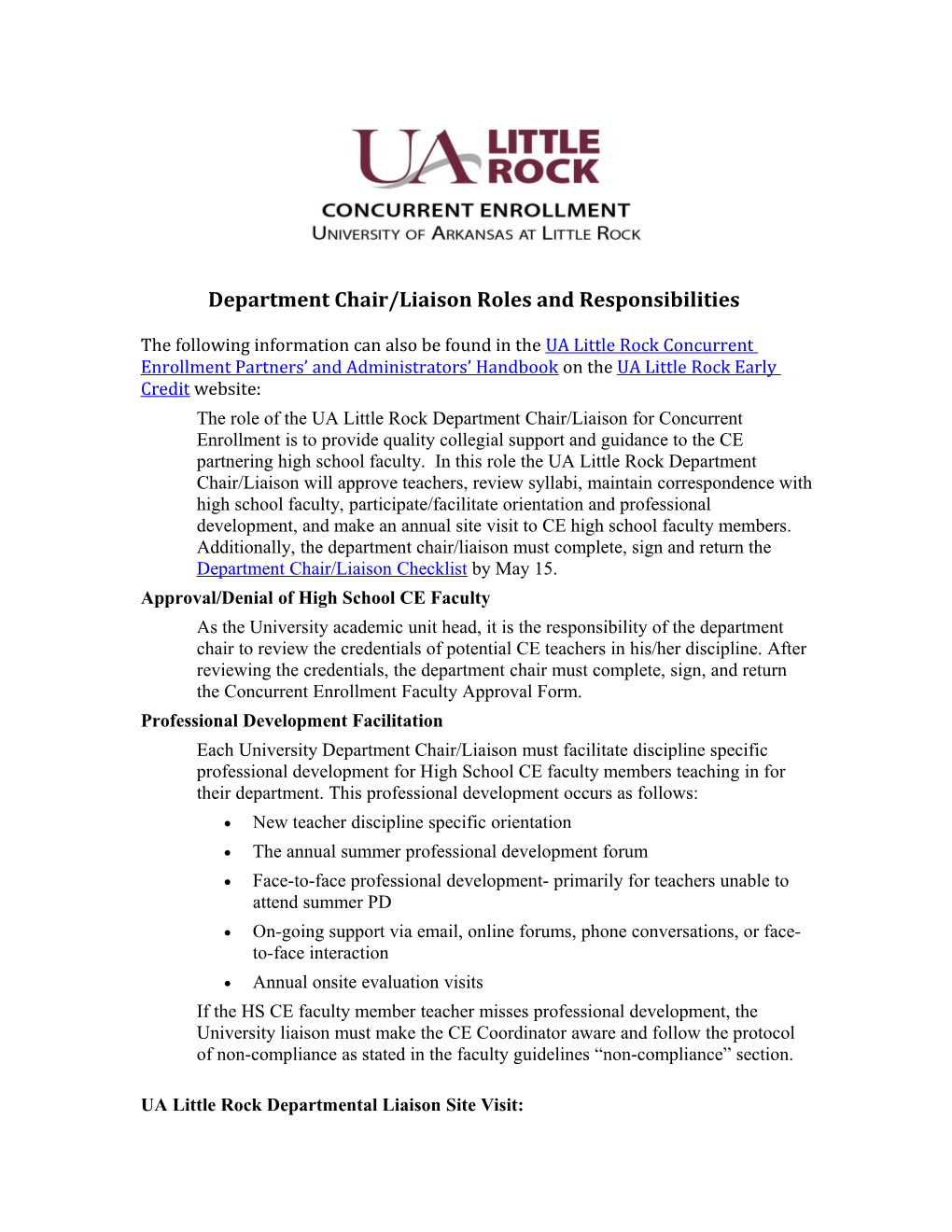 Department Chair/Liaison Roles and Responsibilities