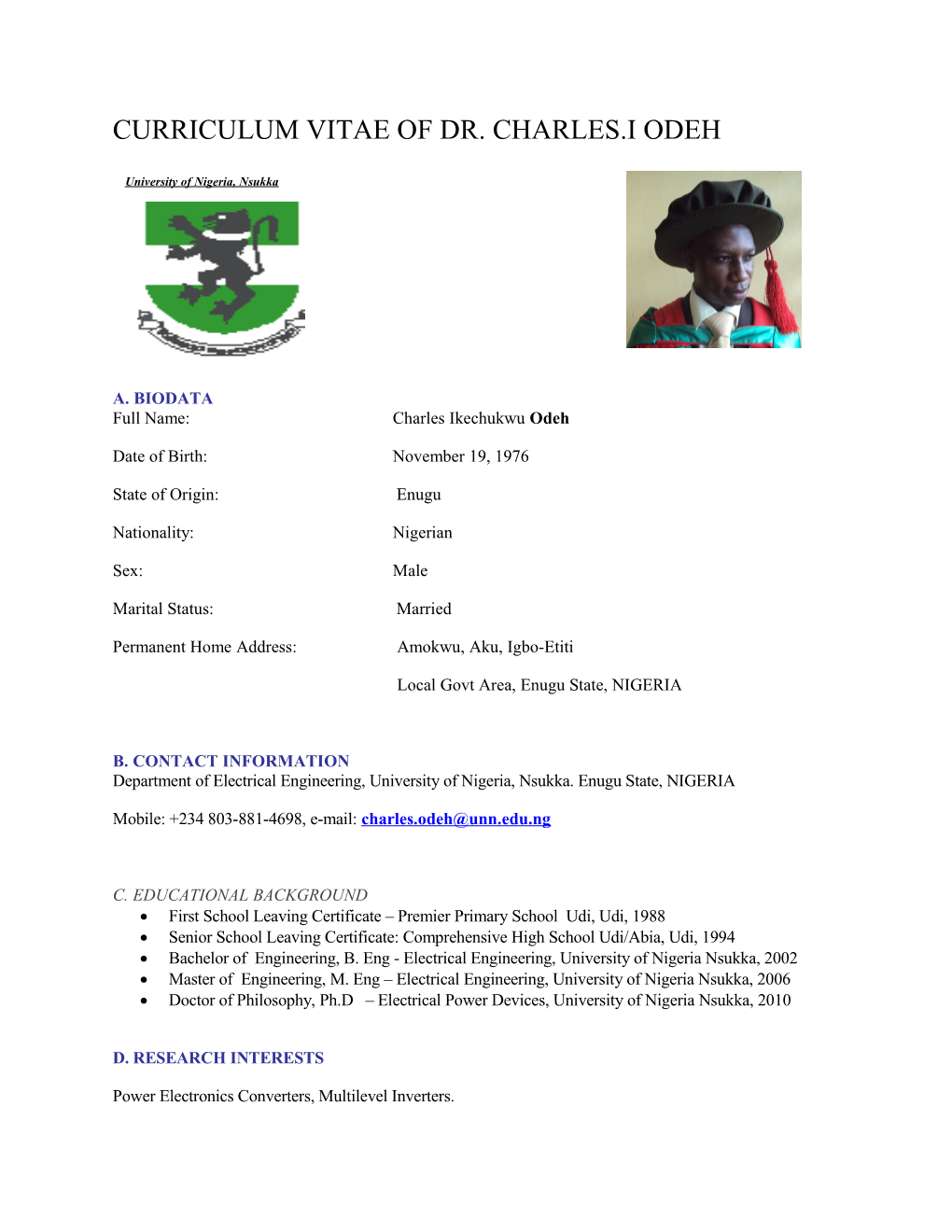 Curriculum Vitae of Dr. Charles.I Odeh