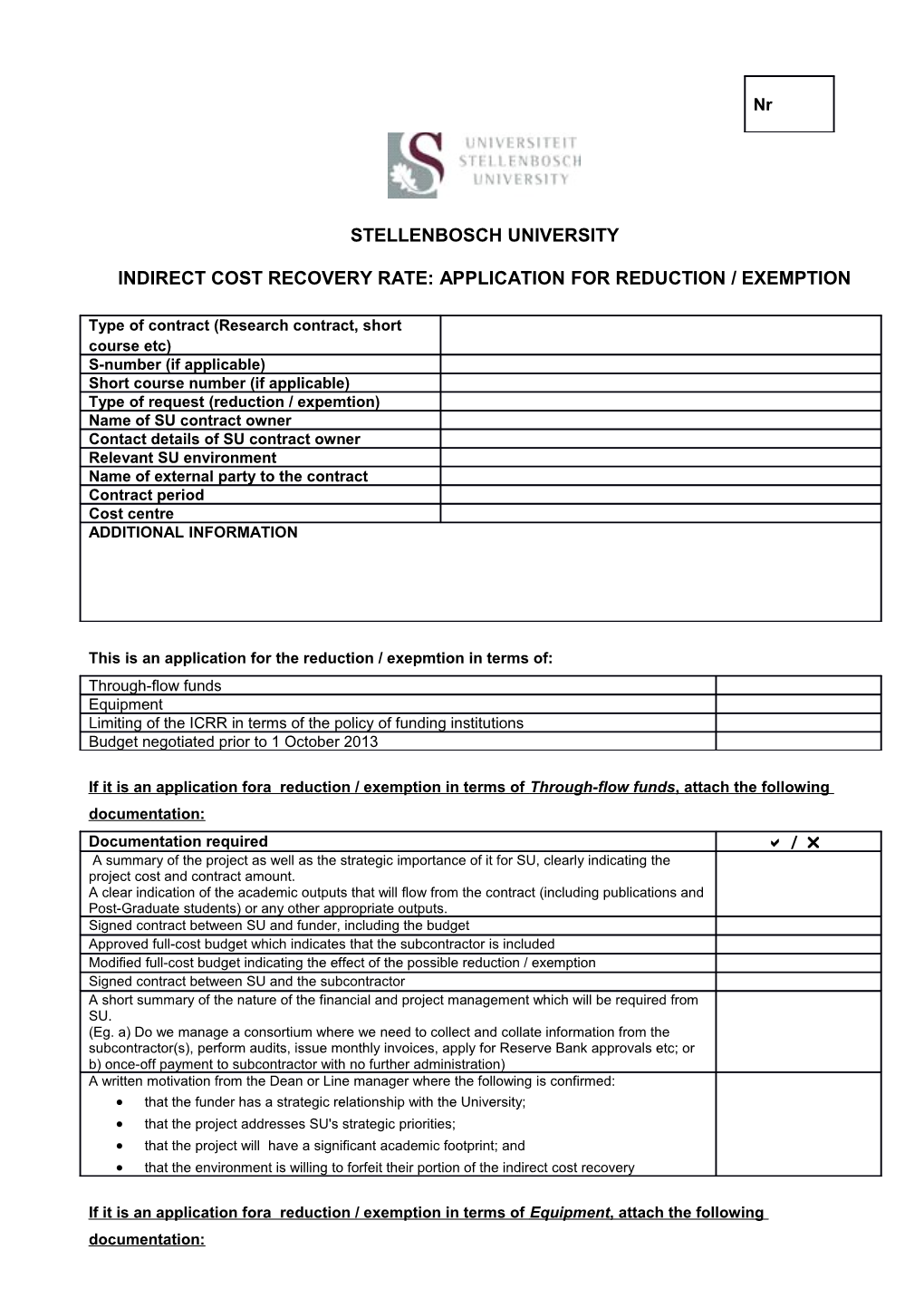 Application Form for Reduction/Exemption of Indirect Cost Recovery Rate (ICRR)