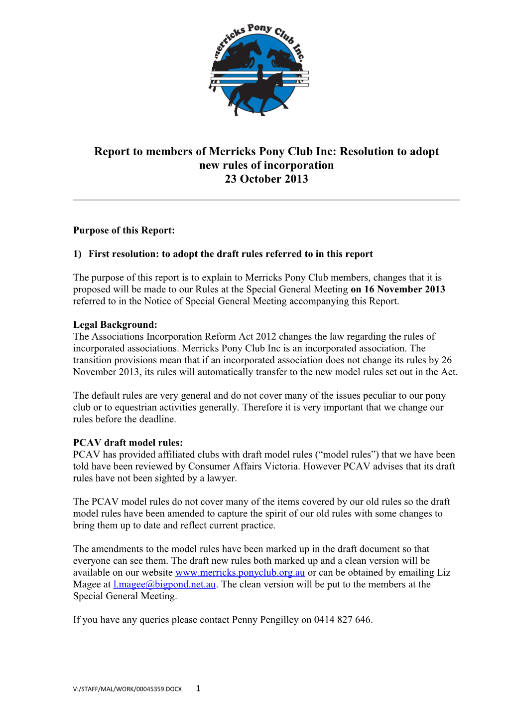 Report to Merricks Pony Club Association October 2013 (00045359;1)