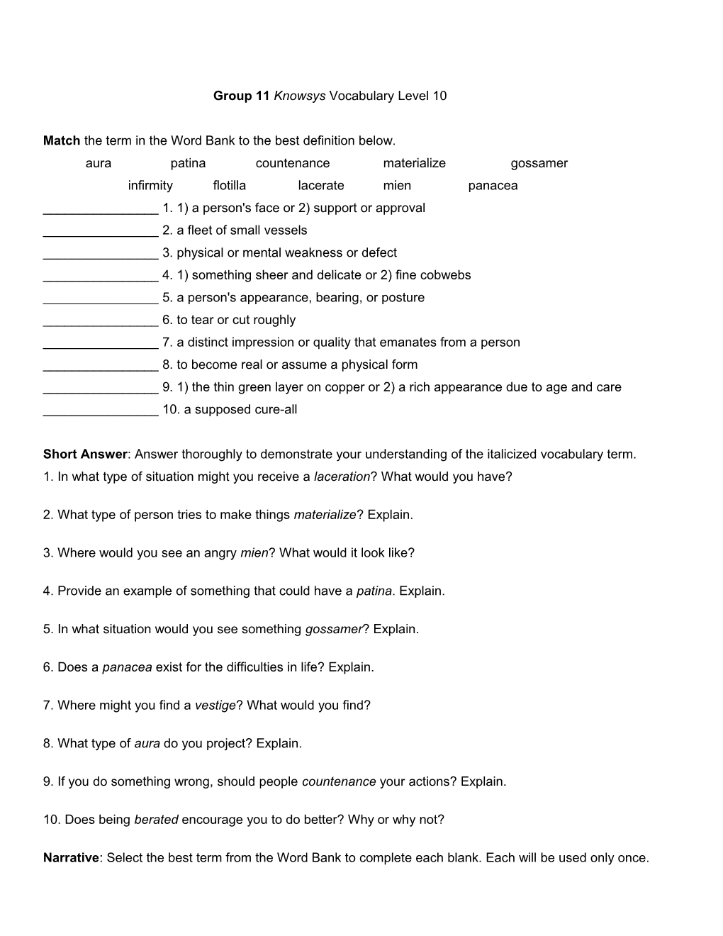 Group 11 Knowsys Vocabulary Level 10