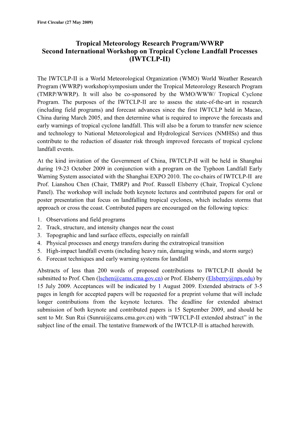 Second International Workshop on Tropical Cyclone Landfall Processes (IWTCLP-II)