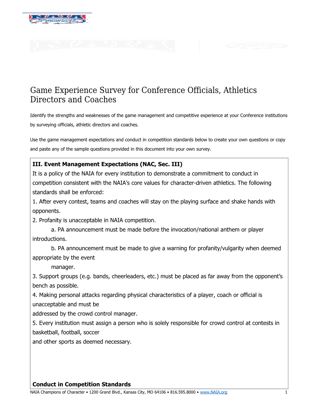 Game Experience Survey for Conference Officials, Athletics Directors and Coaches