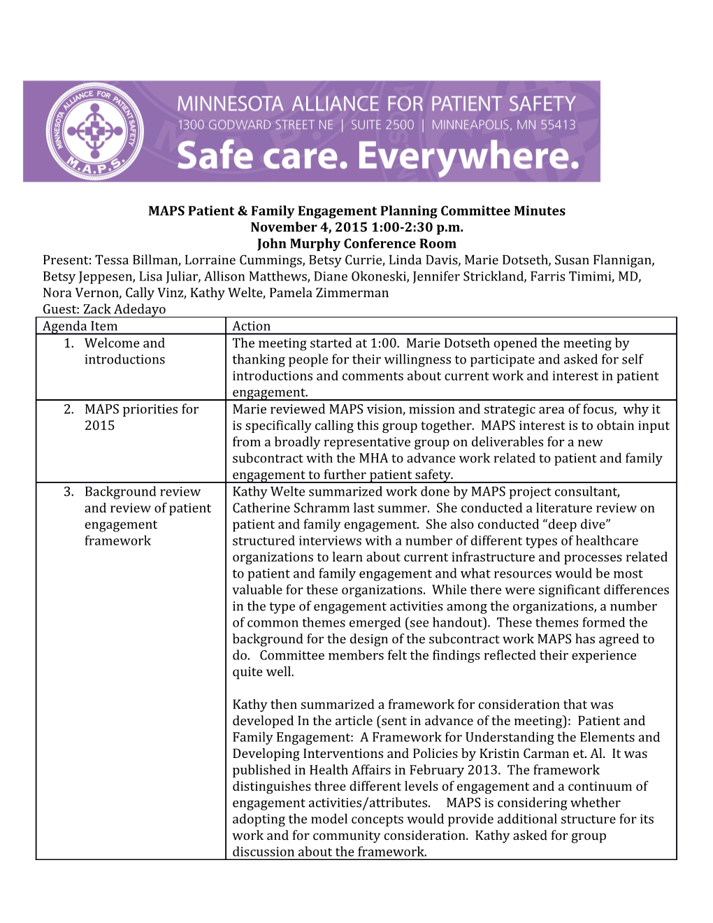 MAPS Patient & Family Engagement Planning Committee Minutes