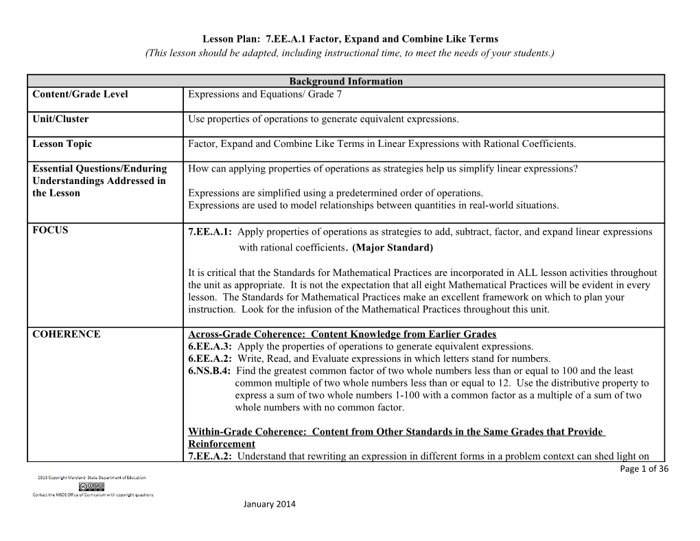 Lesson Plan: 7.EE.A.1Factor, Expand and Combine Like Terms