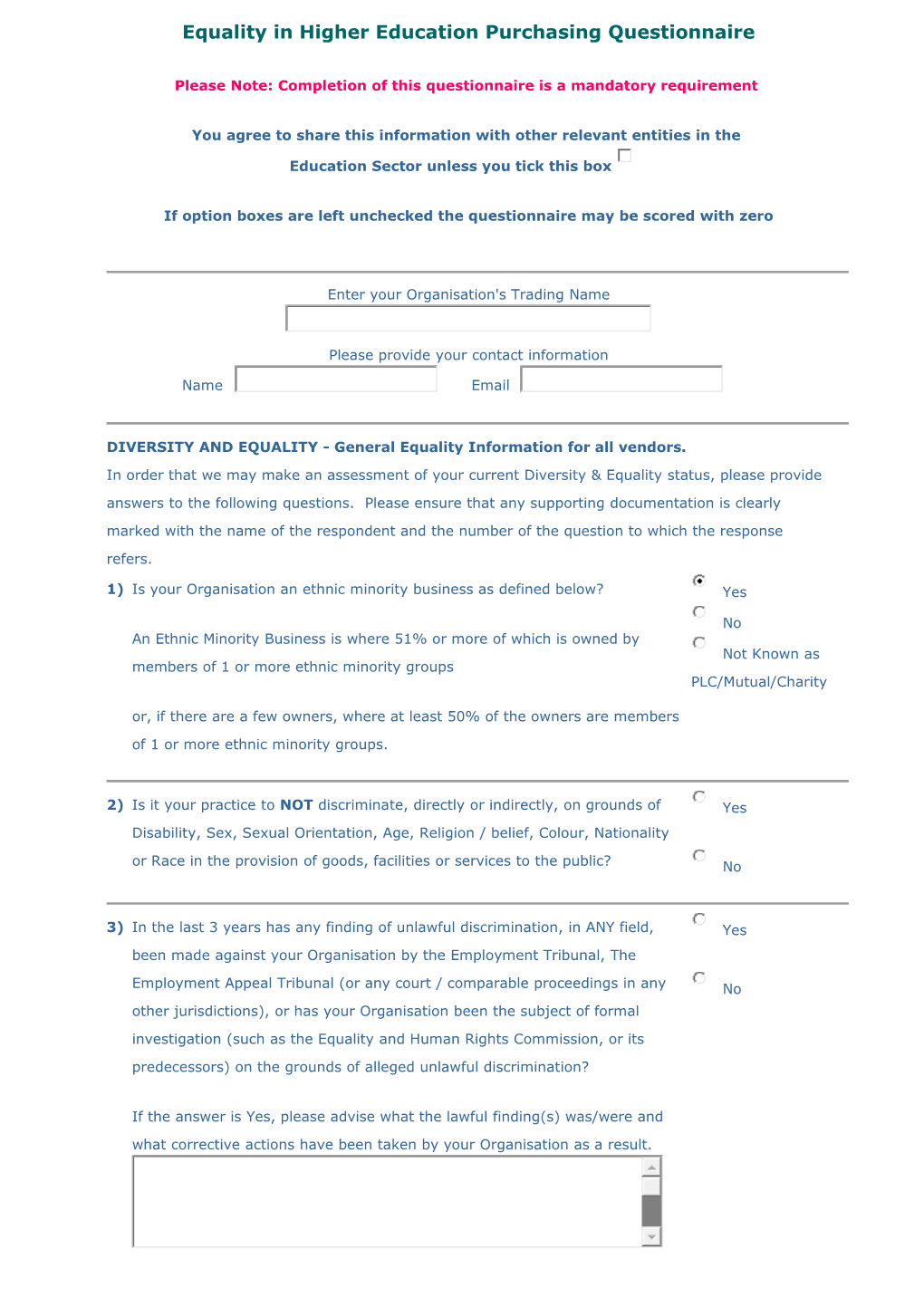 Equality in Higher Education Purchasing Questionnaire
