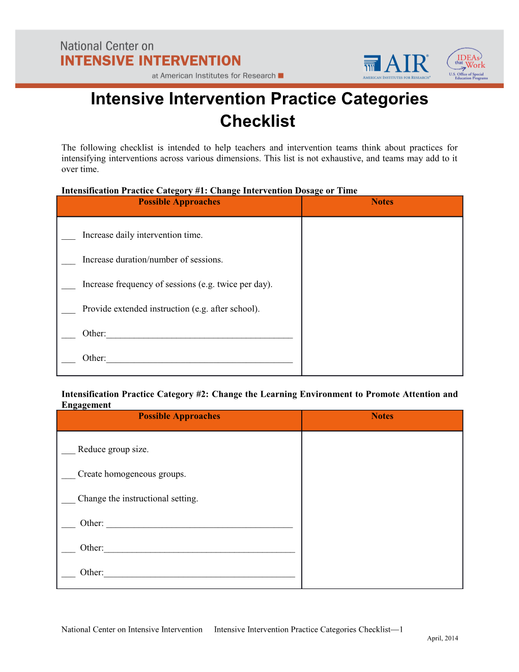 Intensive Intervention Practice Categories Checklist