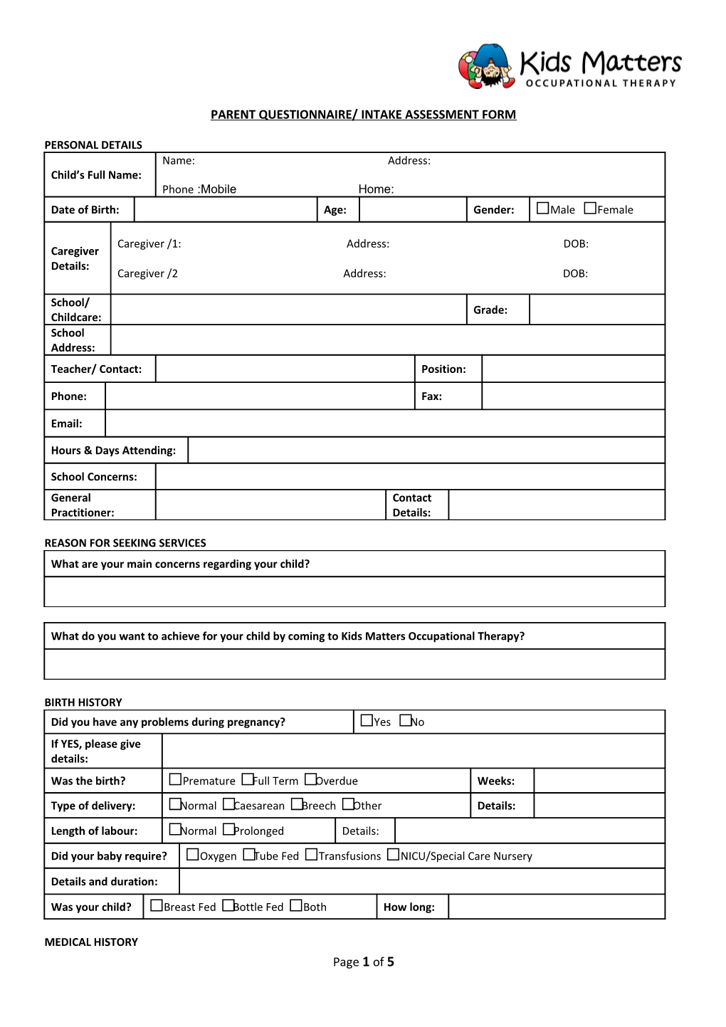 Parent Questionnaire/ Intake Assessment Form