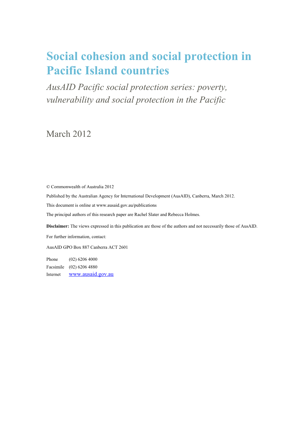 Social Cohesion and Social Protection in Pacific Island Countries