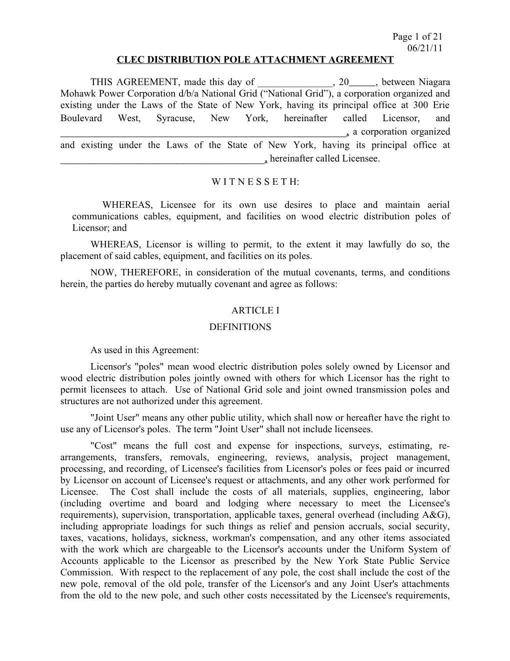 Clec Distribution Pole Attachment Agreement