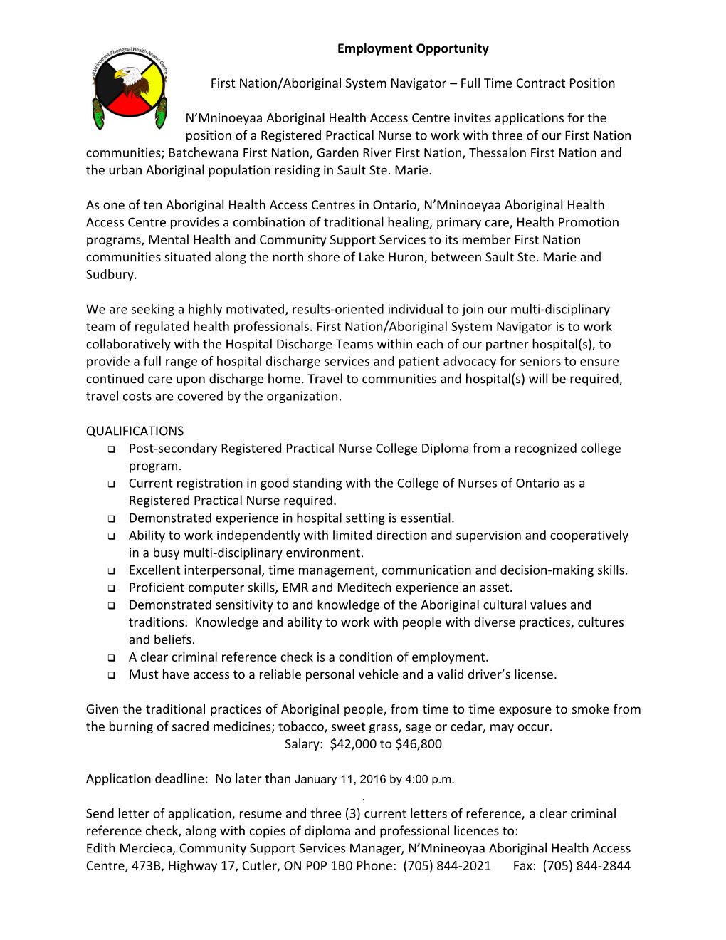 First Nation/Aboriginal System Navigator Full Time Contract Position