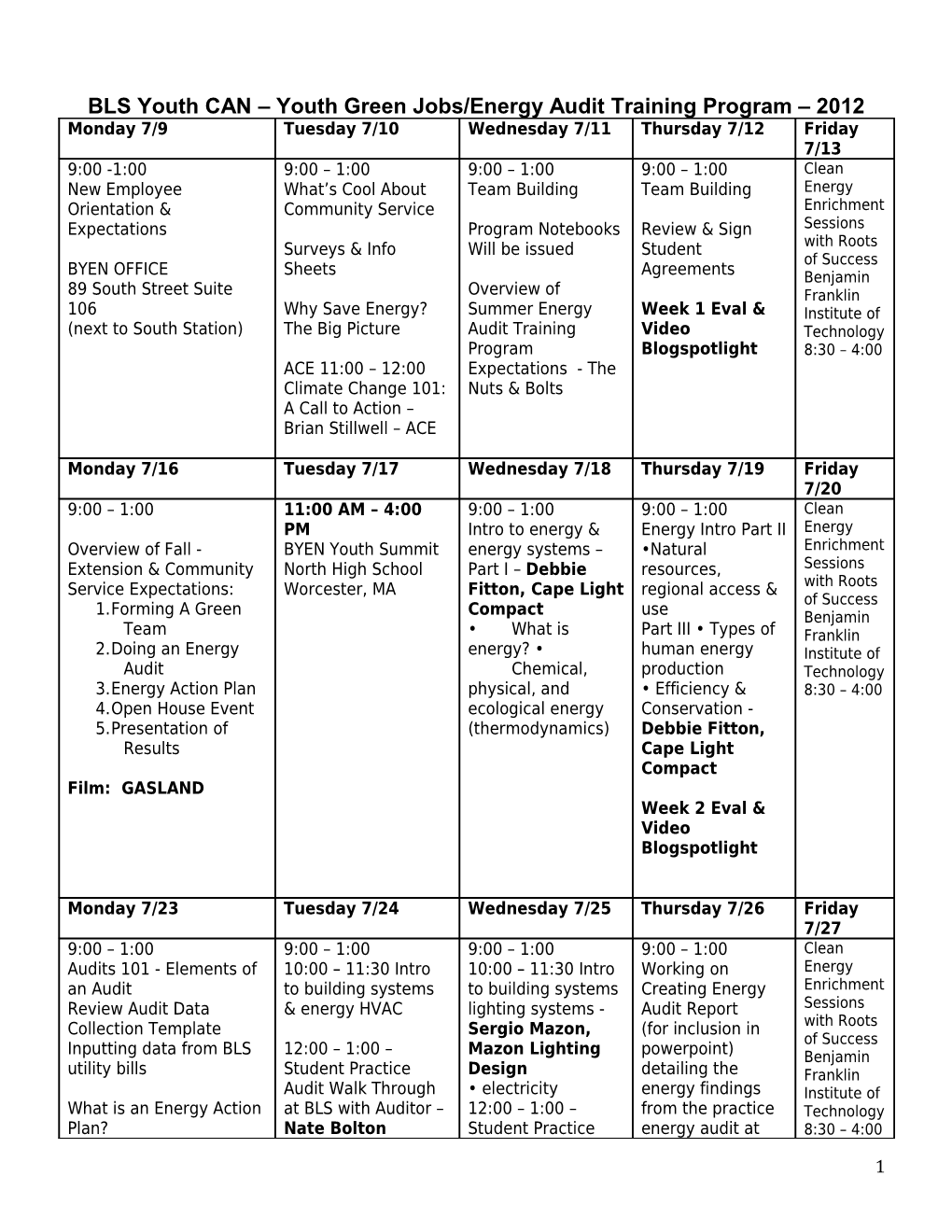 BLS Youth CAN Youth Green Jobs/Energy Audit Training Program 2012