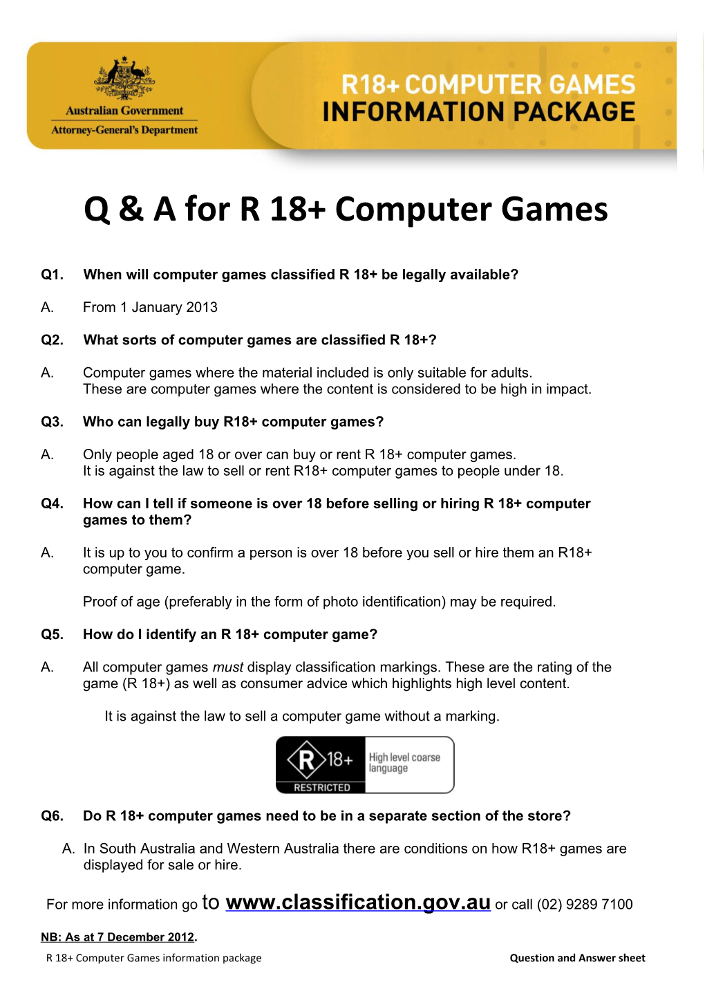 R18+ Computer Games Information Package
