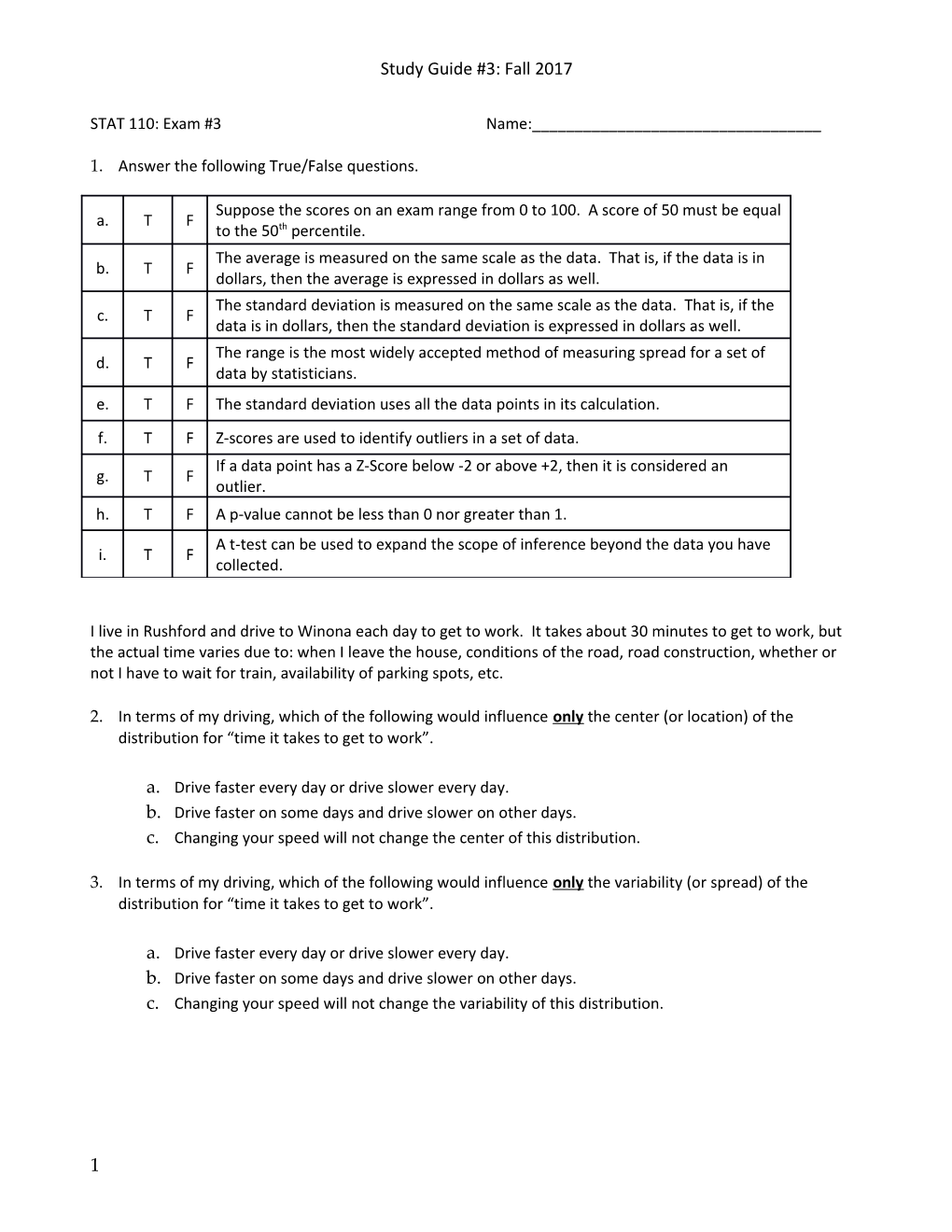 Study Guide #3: Fall 2017