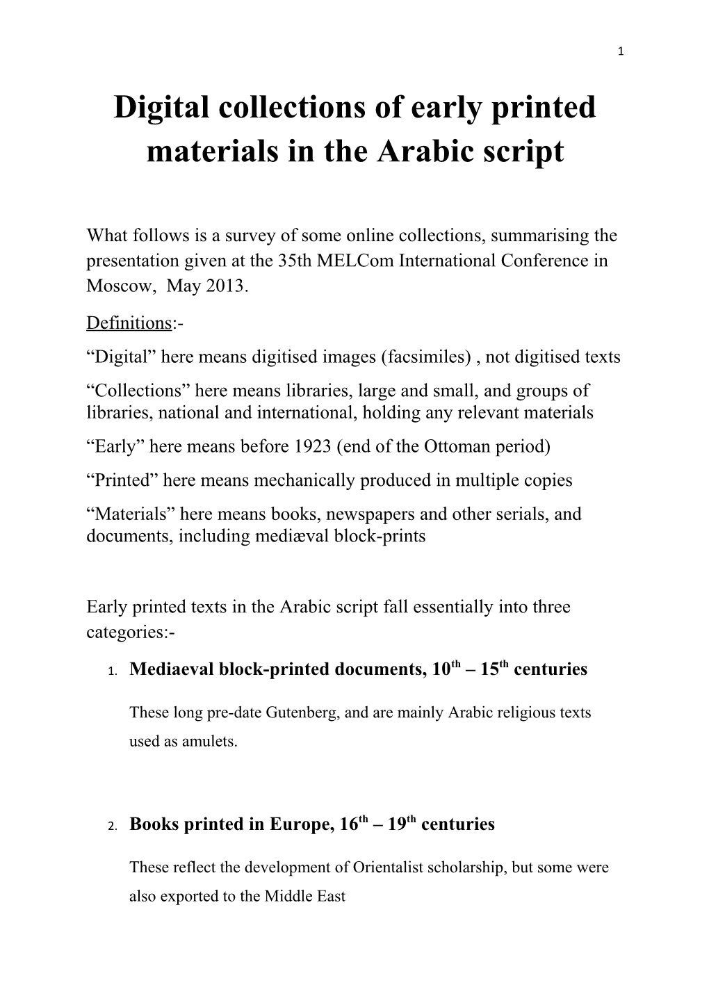 Digital Collections of Early Printed Materials in the Arabic Script