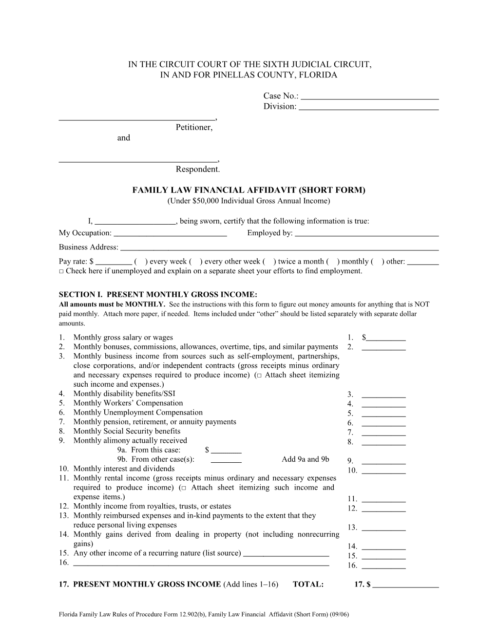 Instructions for Florida Family Law Rules of Procedure Form 12