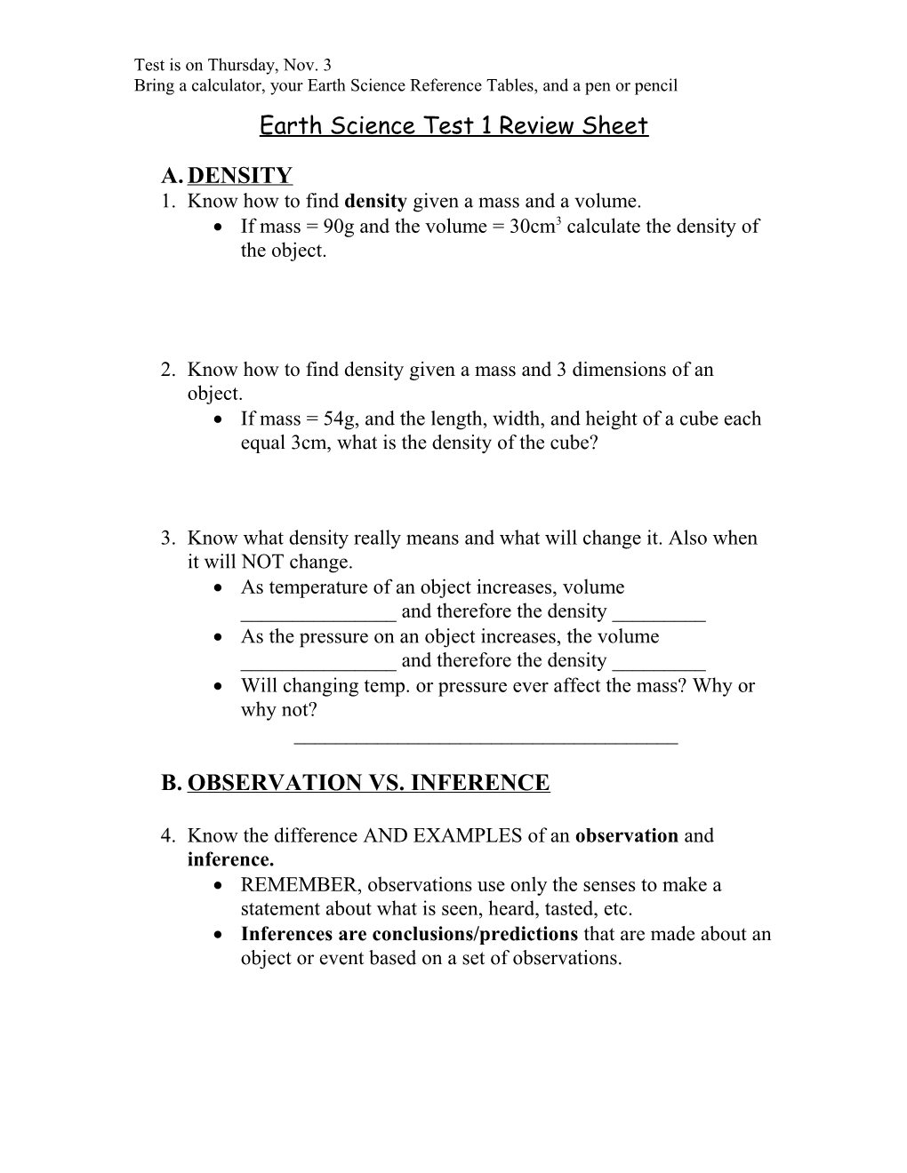 Earth Science Test 1 Review Sheet