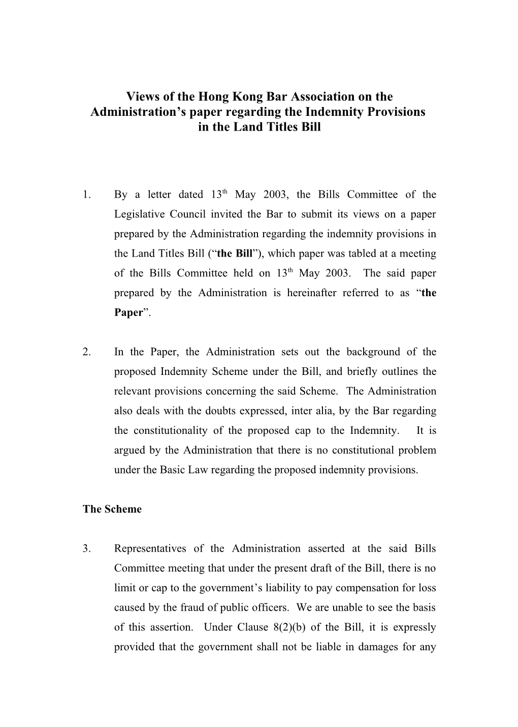 Re: Submissions to Legislative Council Bills Committee on the Lands Title Bill