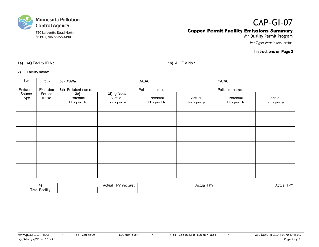 CAP-GI-07 Capped Permit Facility Emissions Summary - Air Quality Permit Program - Form
