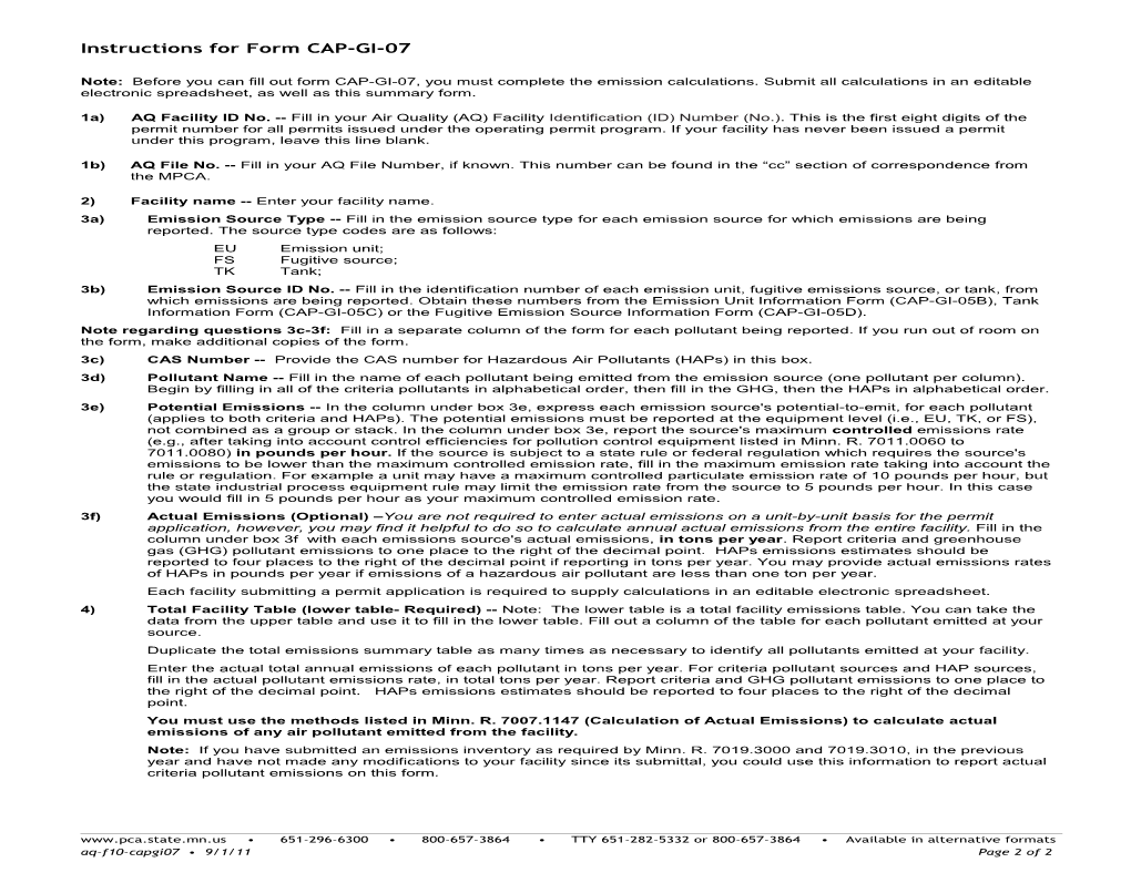 CAP-GI-07 Capped Permit Facility Emissions Summary - Air Quality Permit Program - Form