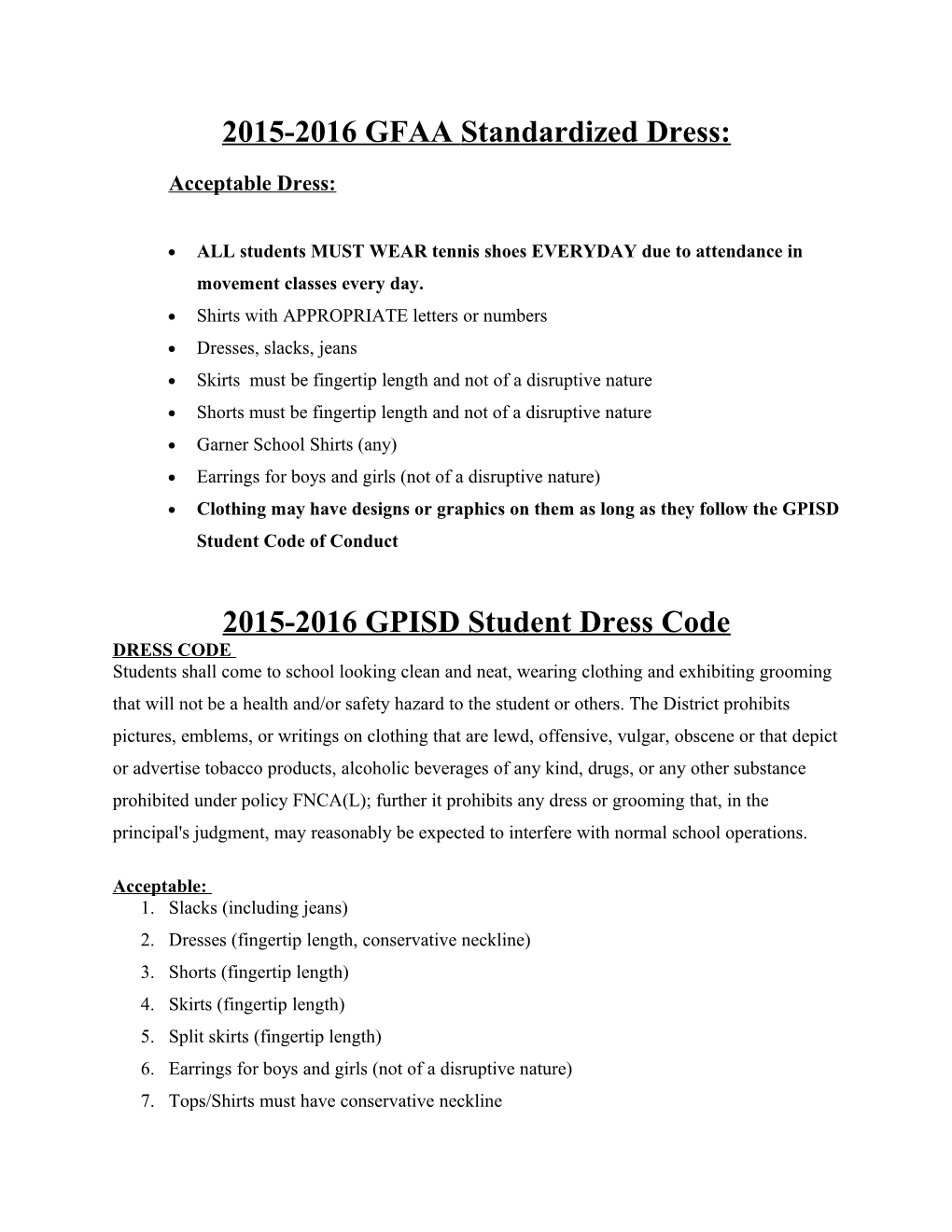 2015-2016GFAA Standardized Dress