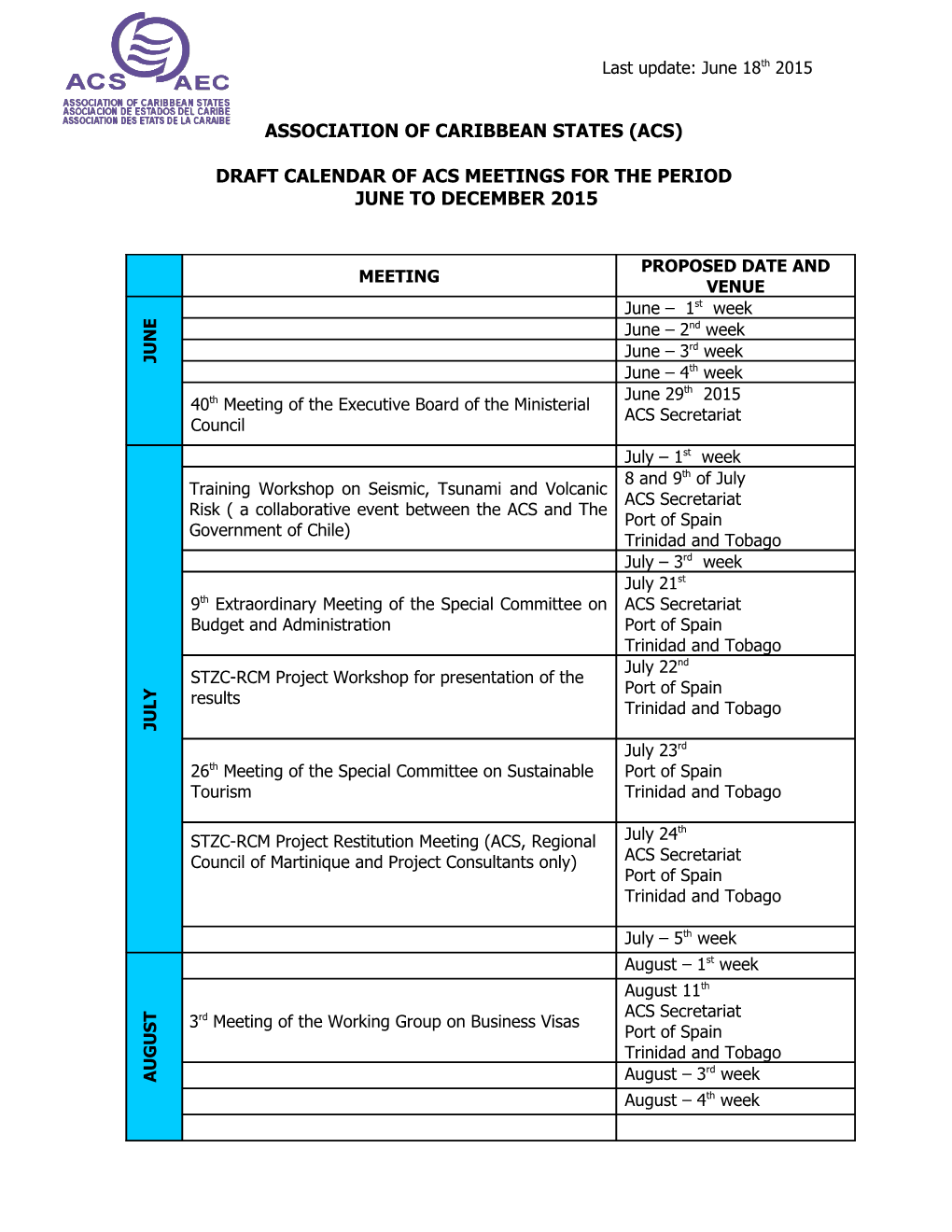 Fixed Calendar of Meetings of the Acs