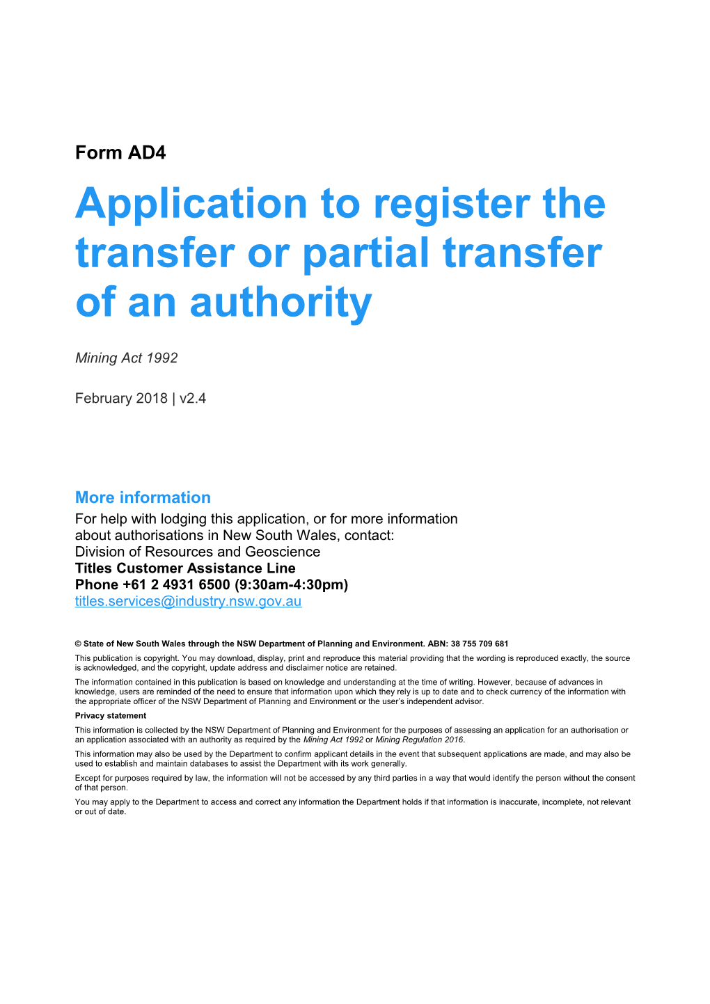 AD4 Application to Register a Transfer Or Partial Transfer of an Authority