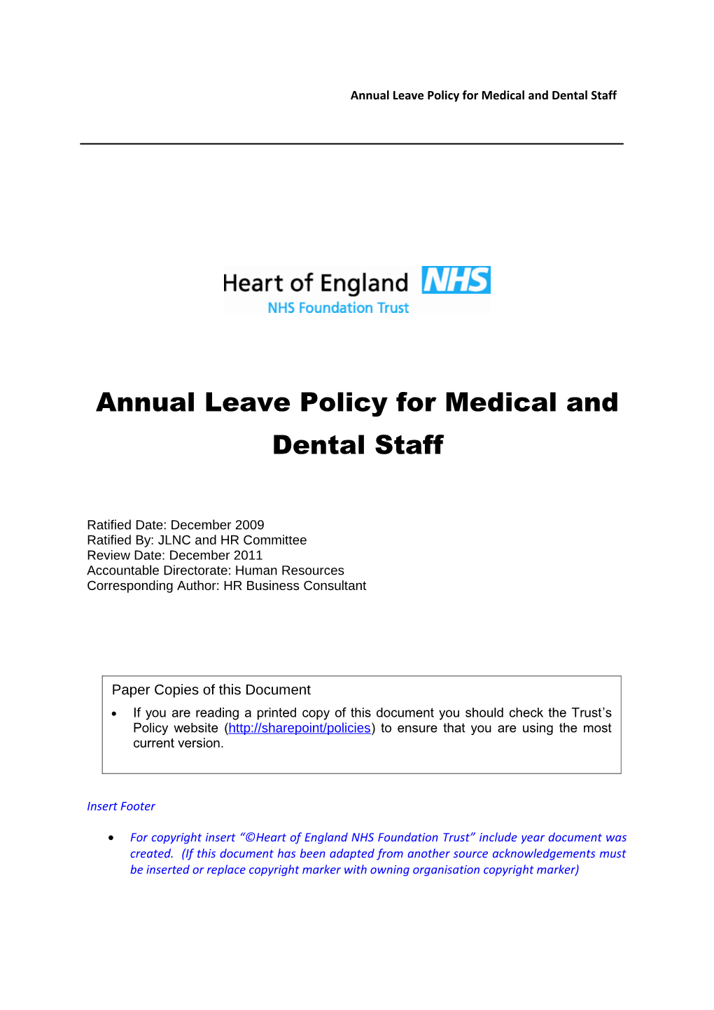 Annual Leave Policy for Medical and Dental Staff