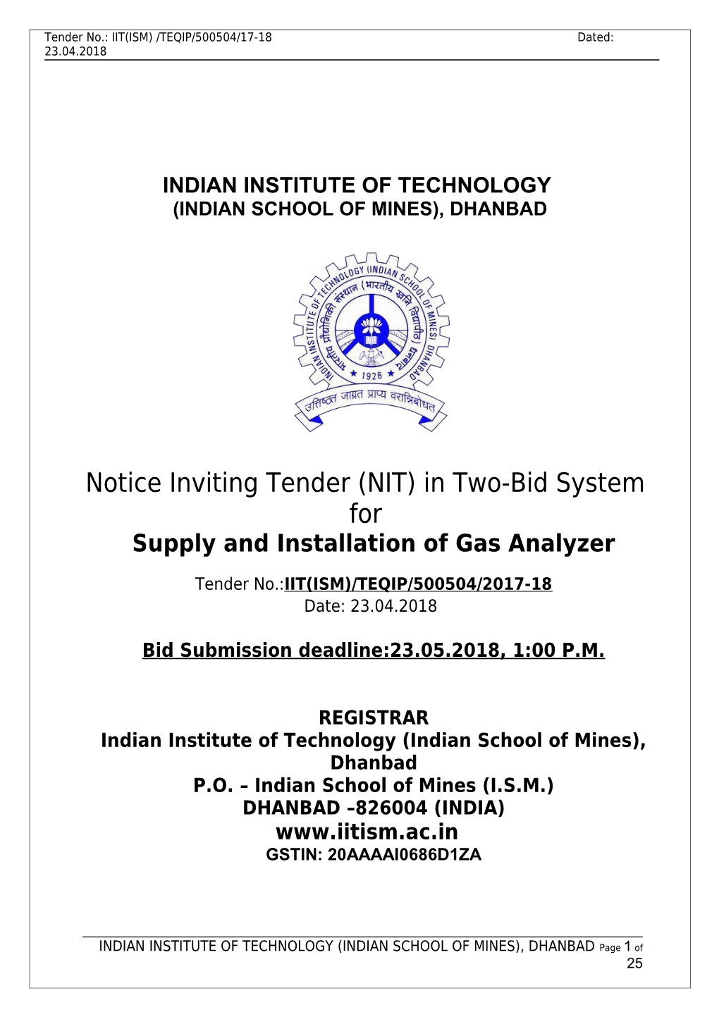 Tender No.: IIT(ISM) /TEQIP/500504/17-18 Dated: 23.04.2018