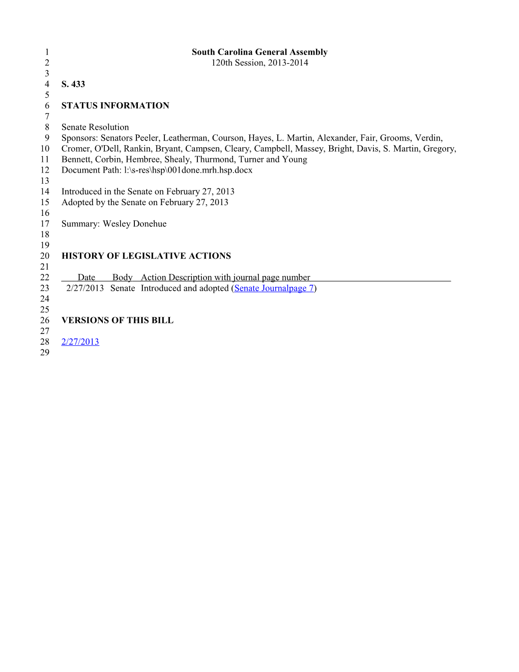 2013-2014 Bill 433: Wesley Donehue - South Carolina Legislature Online