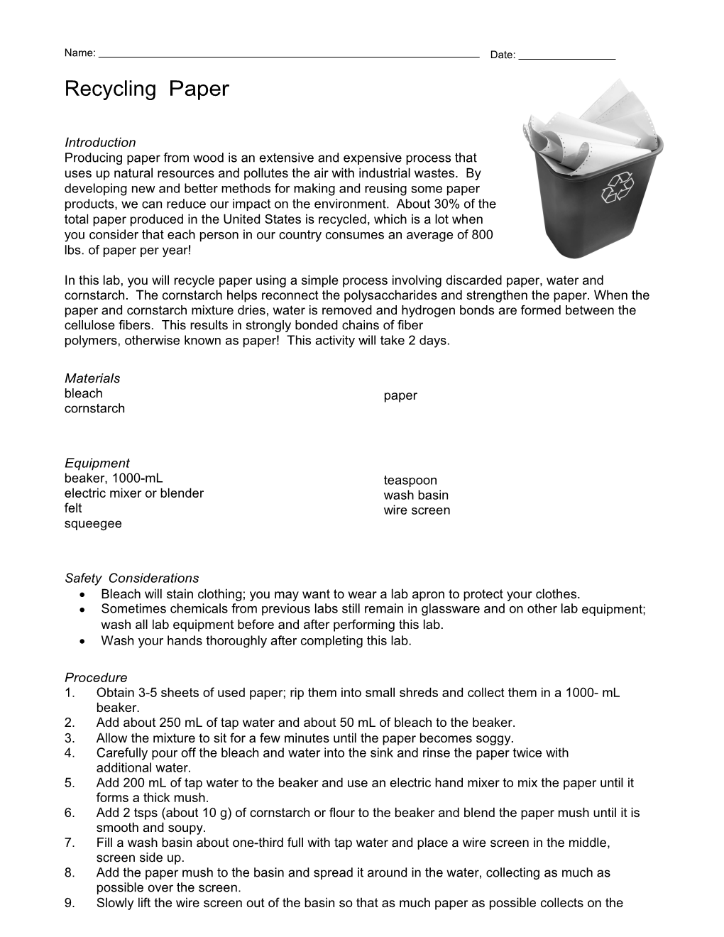 Polymers, Otherwise Known As Paper! This Activity Will Take 2 Days