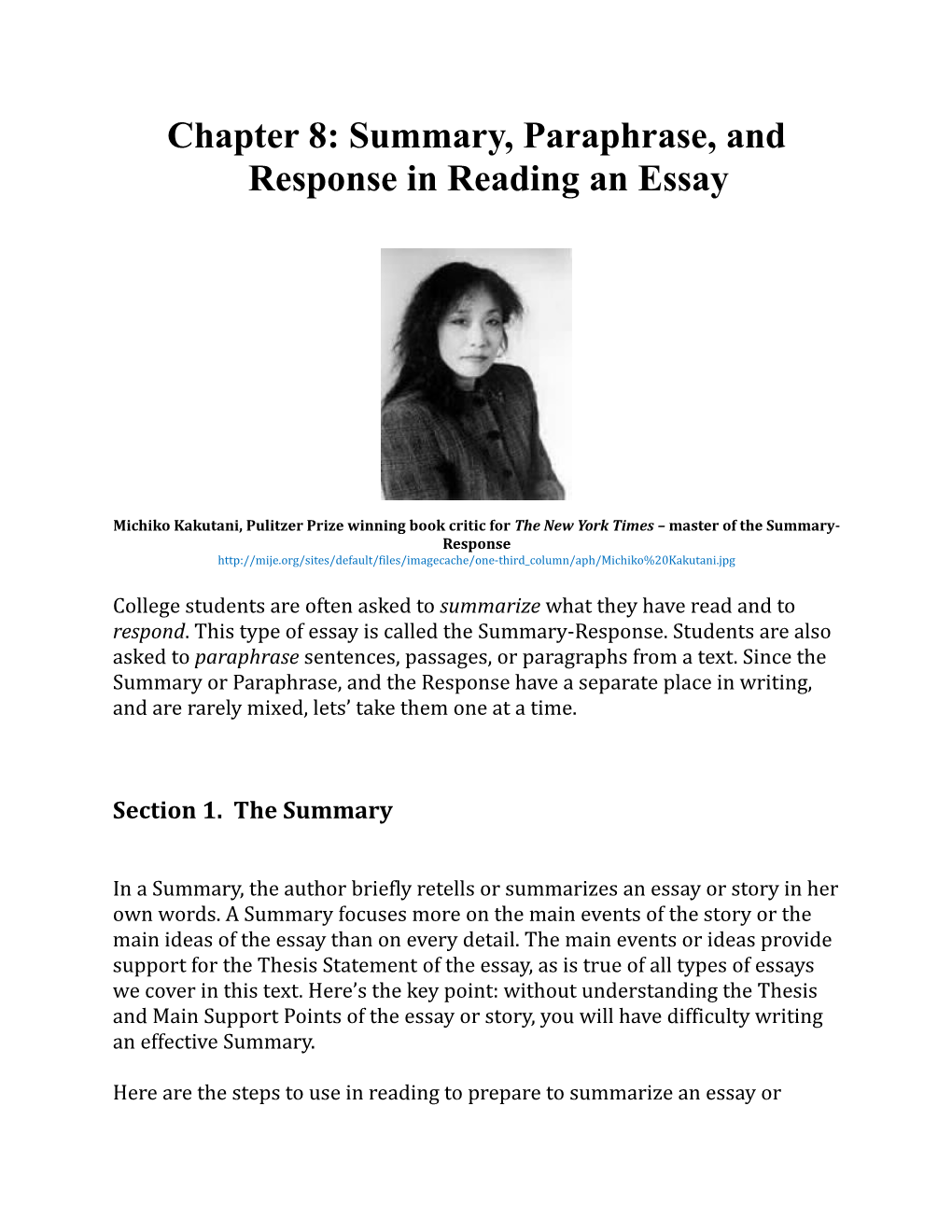 Chapter 8: Summary, Paraphrase, and Response in Reading an Essay