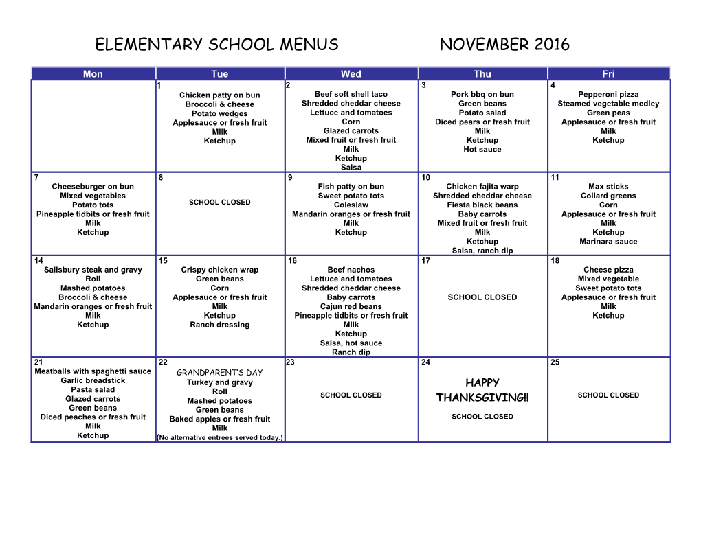 Elementary School Menusnovember 2016