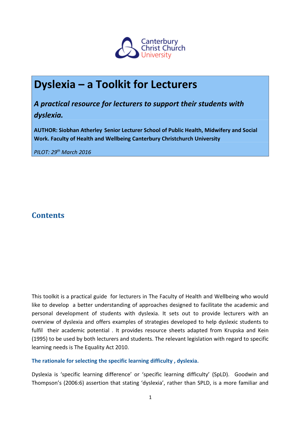 Dyslexia a Toolkit for Lecturers