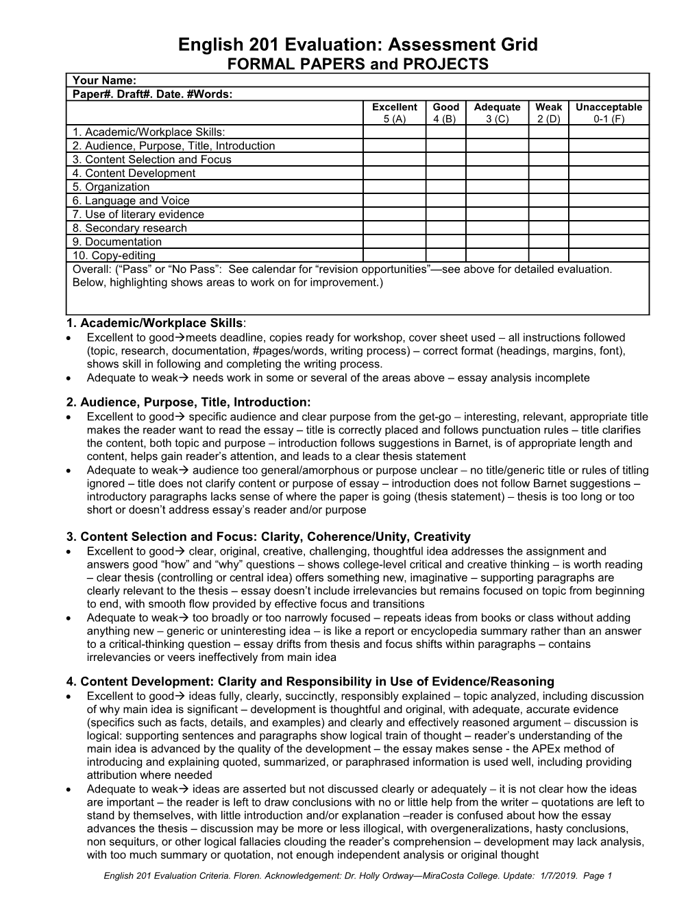 English 201 Evaluation Guide