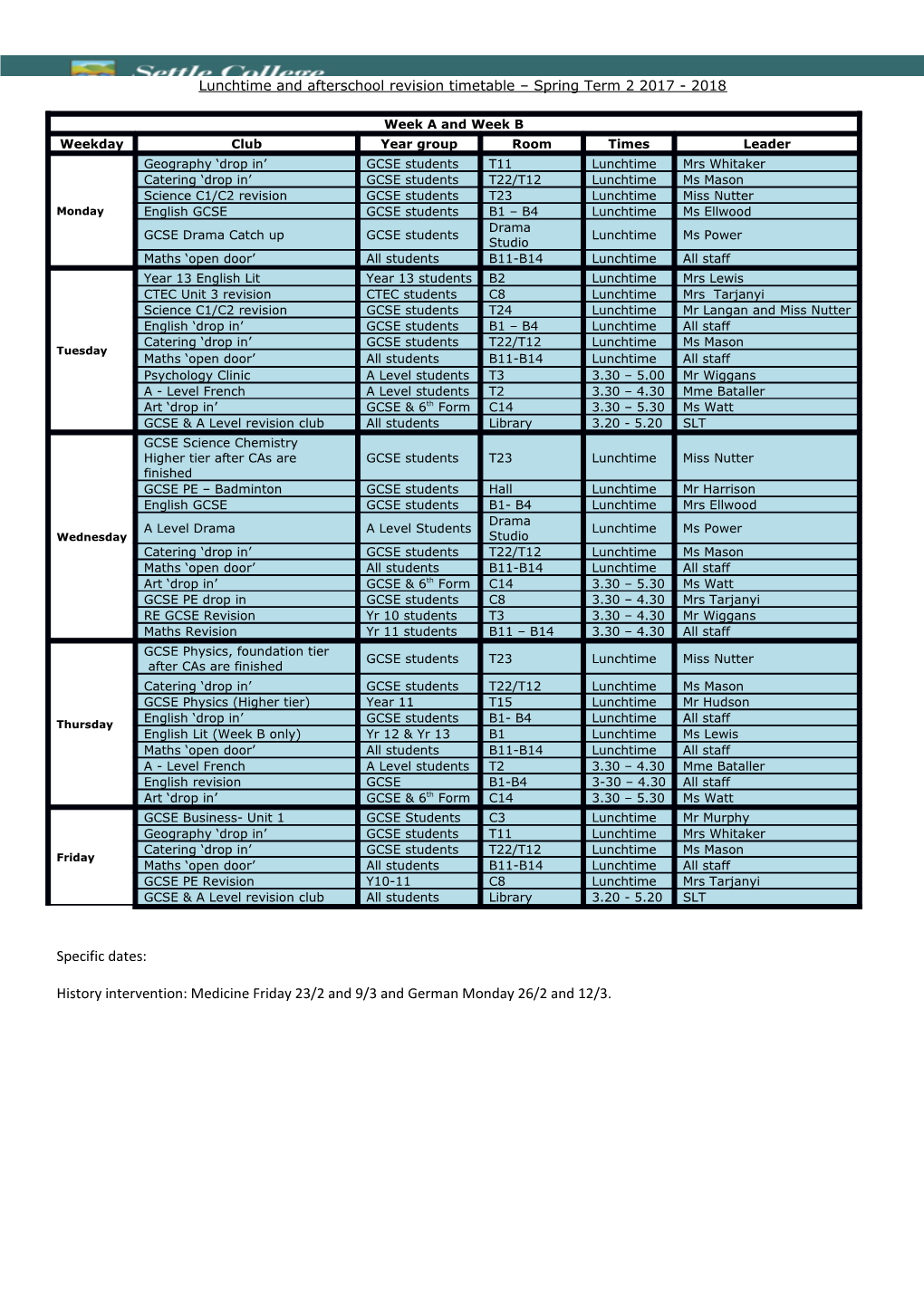 Lunchtime and Afterschool Revision Timetable Spring Term 2 2017 - 2018