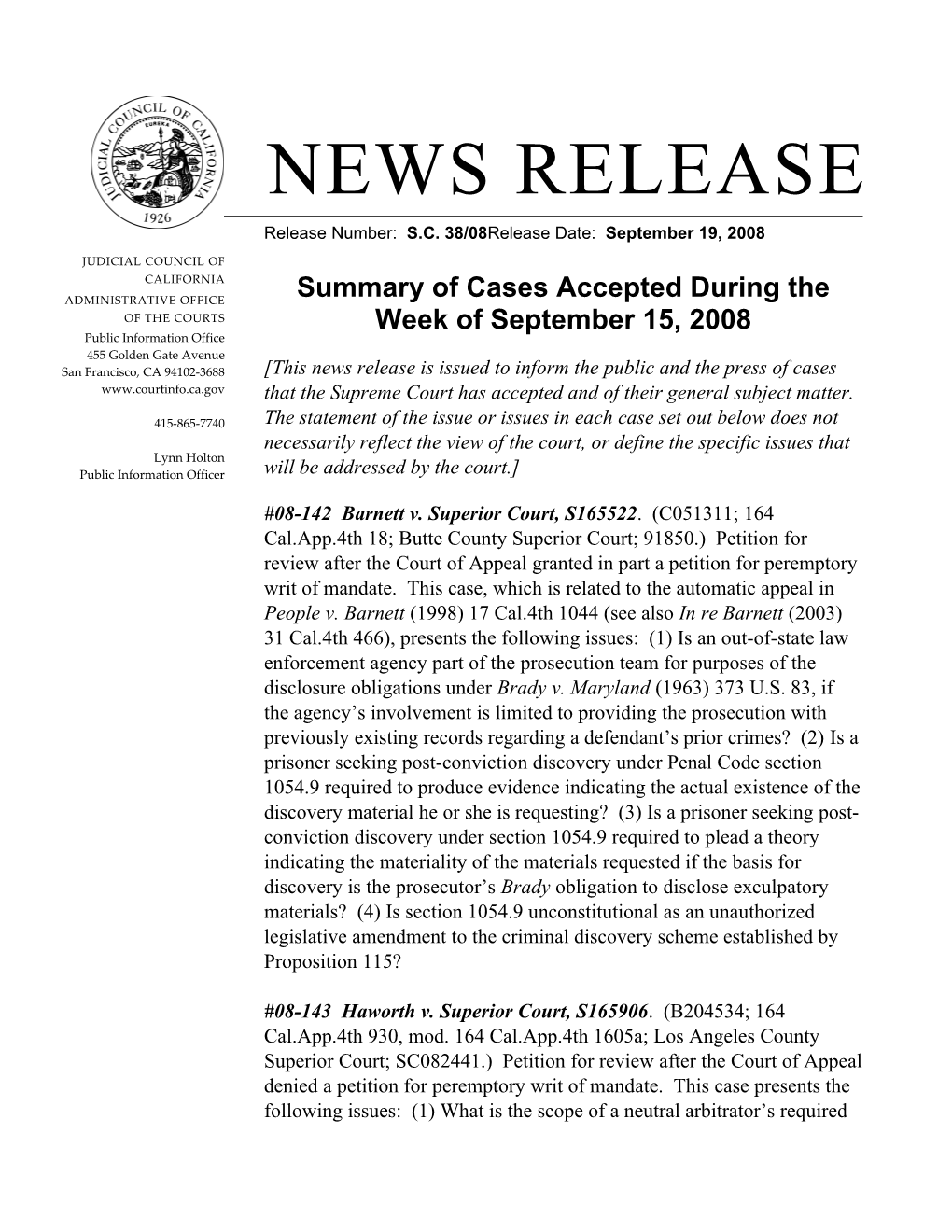 Summary of Cases Accepted During the Week of September 15, 2008