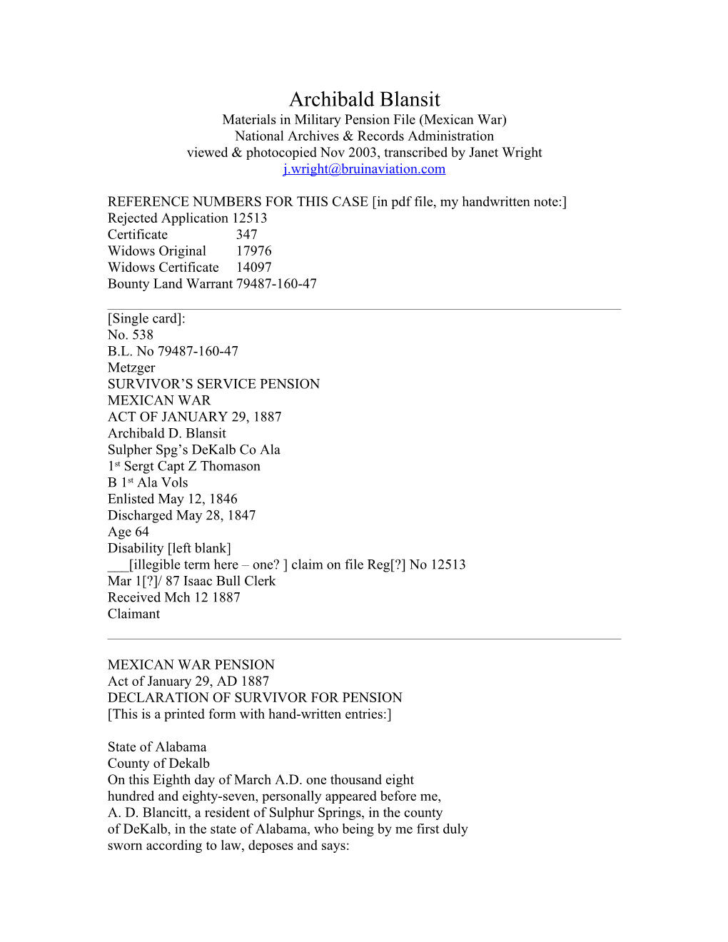 Materials in Military Pension File (Mexican War)