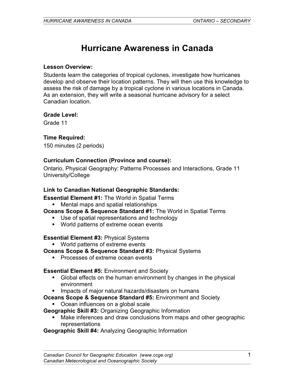 Hurricane Awareness in Canadaontario Secondary