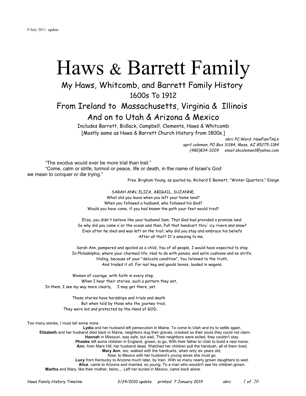 My Haws,Whitcomb, and Barrett Family History